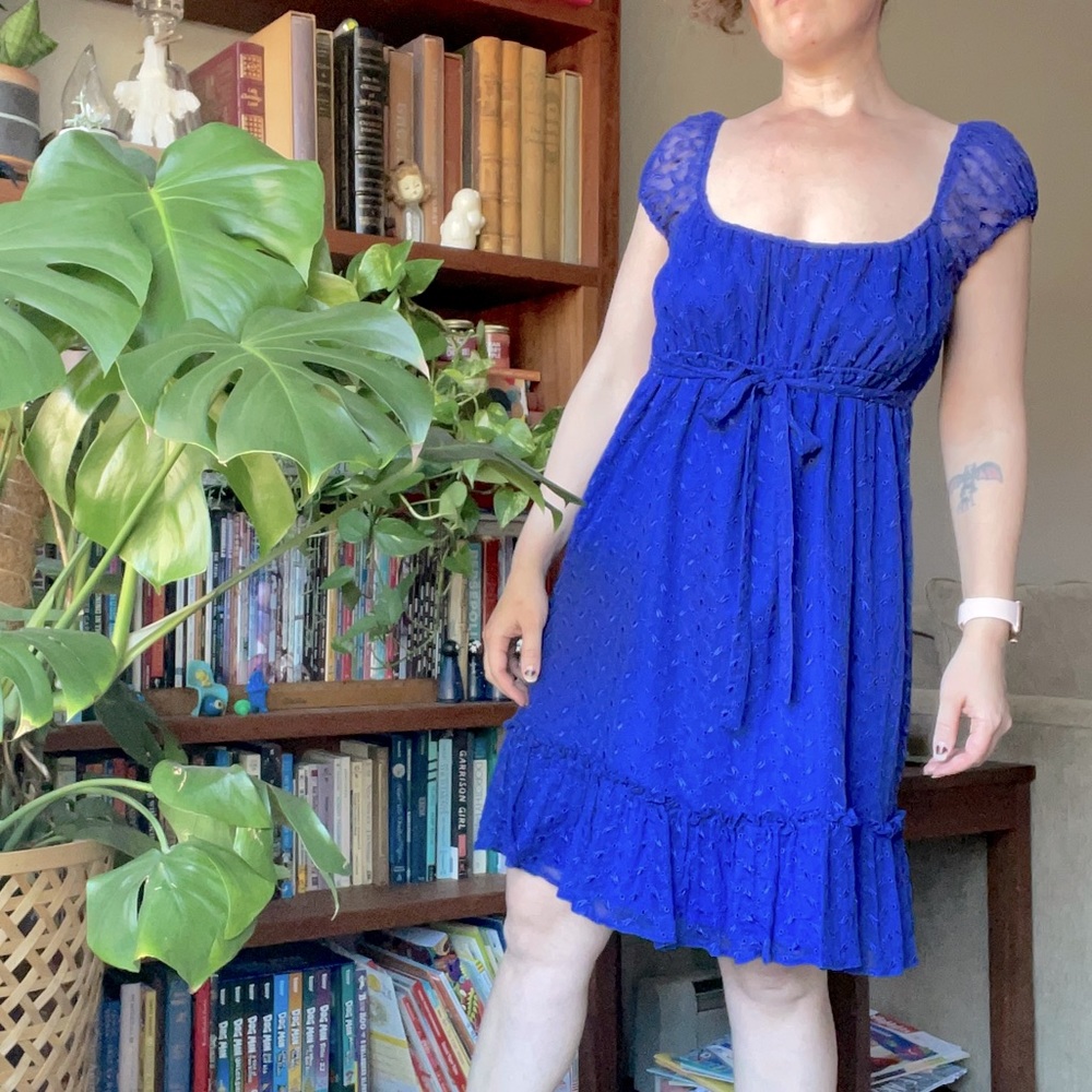 Betsey Johnson babydoll dress royal blue eyelet silk